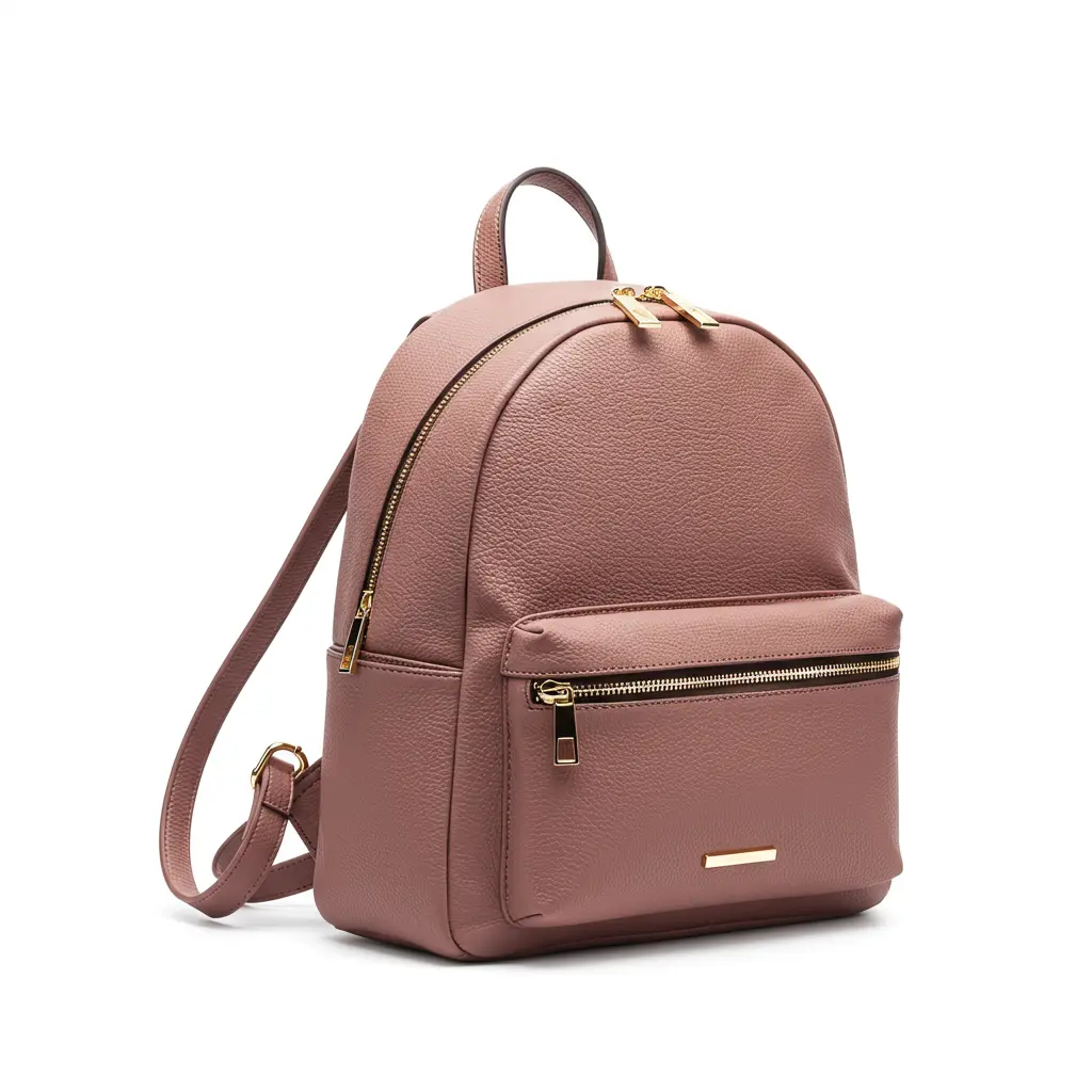 A modern backpack for women with gold zippers and adjustable straps, perfect for work or school